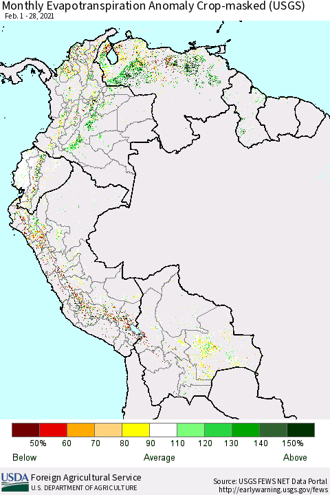 Northern South America Monthly Evapotranspiration Anomaly Crop-masked (USGS) Thematic Map For 2/1/2021 - 2/28/2021