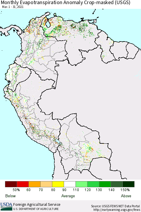 Northern South America Monthly Evapotranspiration Anomaly Crop-masked (USGS) Thematic Map For 3/1/2021 - 3/31/2021