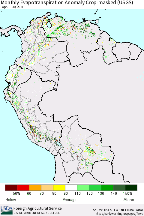 Northern South America Monthly Evapotranspiration Anomaly Crop-masked (USGS) Thematic Map For 4/1/2021 - 4/30/2021