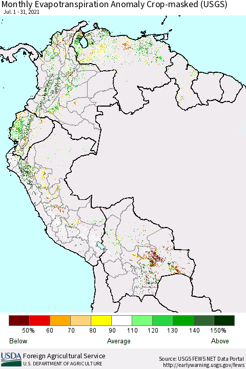 Northern South America Monthly Actual Evapotranspiration Anomaly over Croplands (USGS) Thematic Map For 7/1/2021 - 7/31/2021
