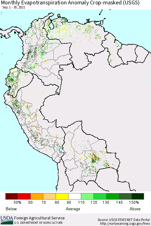 Northern South America Monthly Actual Evapotranspiration Anomaly over Croplands (USGS) Thematic Map For 9/1/2021 - 9/30/2021