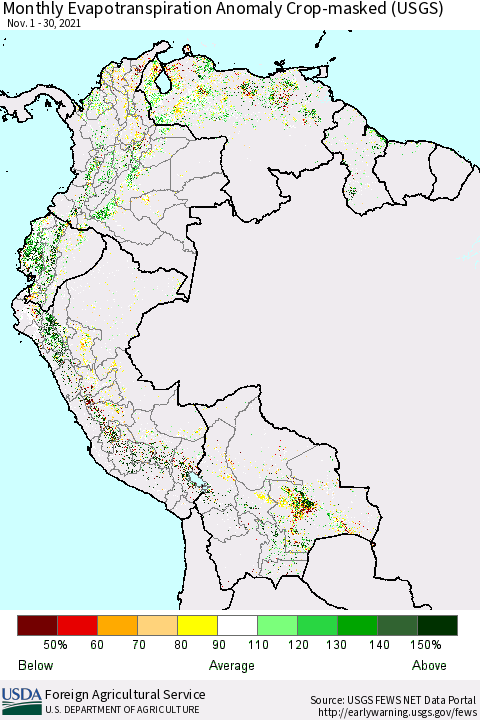 Northern South America Monthly Actual Evapotranspiration Anomaly over Croplands (USGS) Thematic Map For 11/1/2021 - 11/30/2021