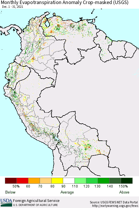 Northern South America Monthly Actual Evapotranspiration Anomaly over Croplands (USGS) Thematic Map For 12/1/2021 - 12/31/2021
