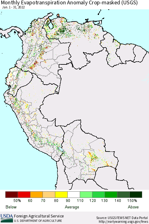 Northern South America Monthly Actual Evapotranspiration Anomaly over Croplands (USGS) Thematic Map For 1/1/2022 - 1/31/2022