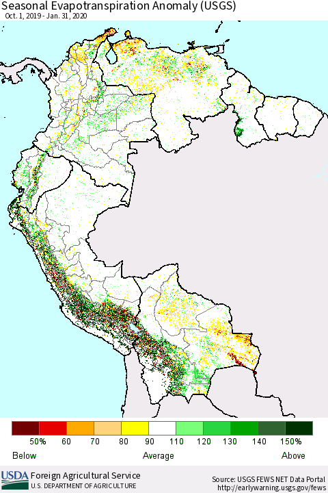 Northern South America Seasonal Actual Evapotranspiration Anomaly (USGS) Thematic Map For 11/1/2019 - 1/31/2020