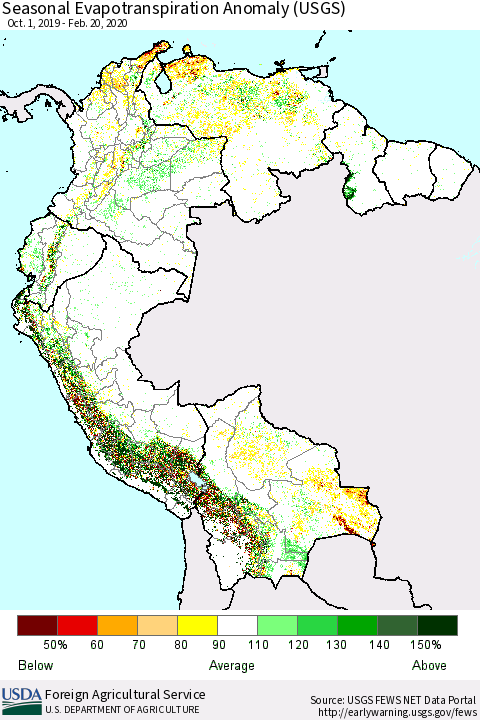 Northern South America Seasonal Actual Evapotranspiration Anomaly (USGS) Thematic Map For 11/1/2019 - 2/20/2020