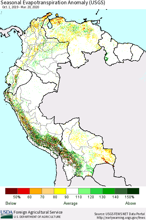 Northern South America Seasonal Actual Evapotranspiration Anomaly (USGS) Thematic Map For 11/1/2019 - 3/20/2020