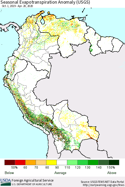 Northern South America Seasonal Actual Evapotranspiration Anomaly (USGS) Thematic Map For 11/1/2019 - 4/20/2020