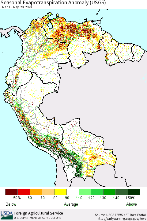 Northern South America Seasonal Actual Evapotranspiration Anomaly (USGS) Thematic Map For 5/1/2020 - 5/20/2020