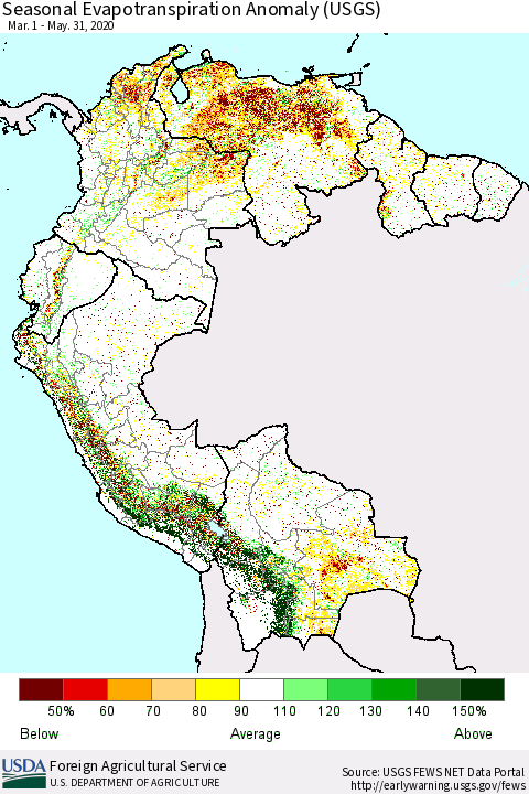Northern South America Seasonal Actual Evapotranspiration Anomaly (USGS) Thematic Map For 5/1/2020 - 5/31/2020