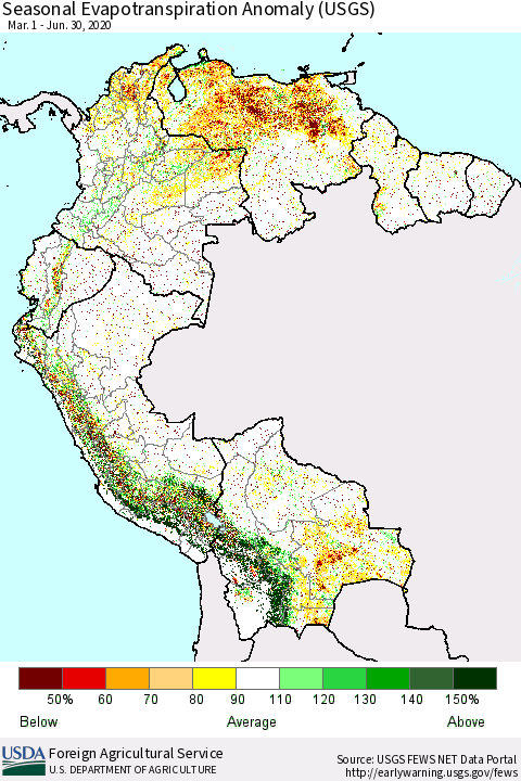 Northern South America Seasonal Actual Evapotranspiration Anomaly (USGS) Thematic Map For 5/1/2020 - 6/30/2020