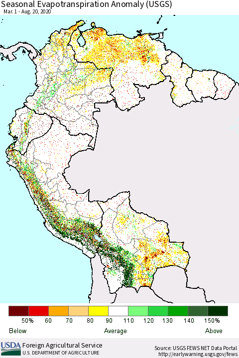 Northern South America Seasonal Actual Evapotranspiration Anomaly (USGS) Thematic Map For 5/1/2020 - 8/20/2020