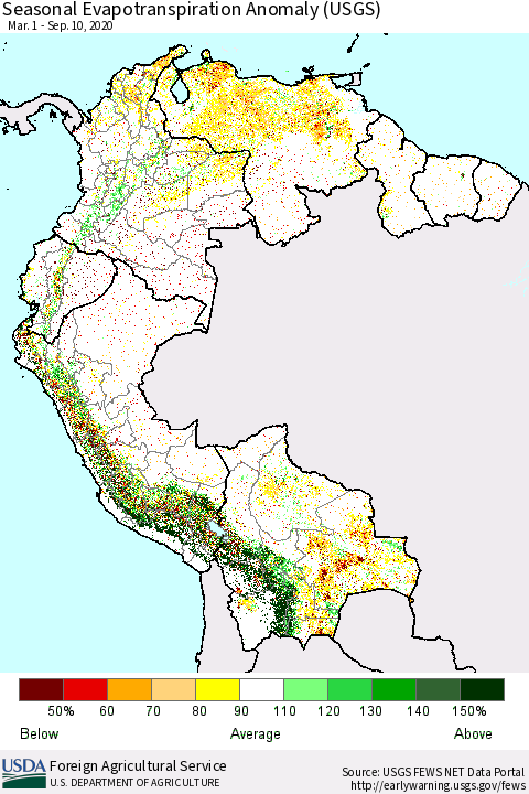 Northern South America Seasonal Actual Evapotranspiration Anomaly (USGS) Thematic Map For 5/1/2020 - 9/10/2020