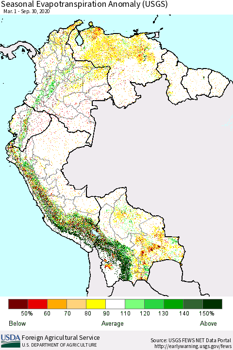 Northern South America Seasonal Actual Evapotranspiration Anomaly (USGS) Thematic Map For 5/1/2020 - 9/30/2020