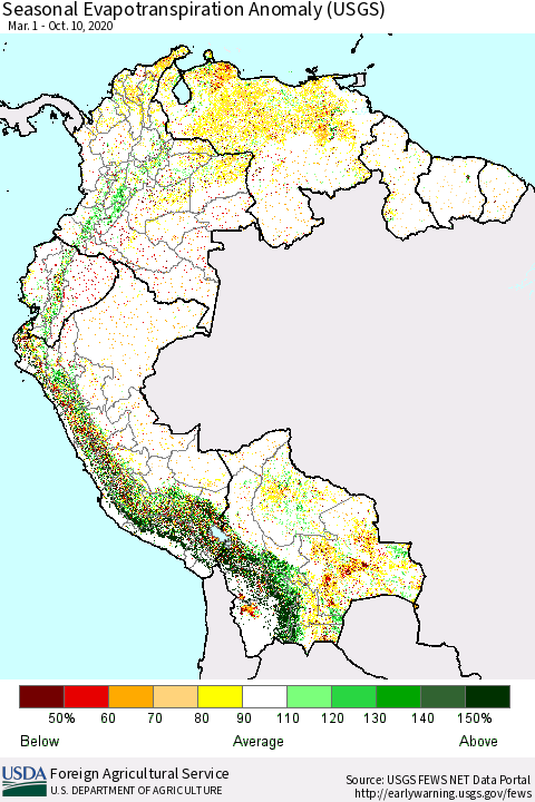 Northern South America Seasonal Actual Evapotranspiration Anomaly (USGS) Thematic Map For 5/1/2020 - 10/10/2020