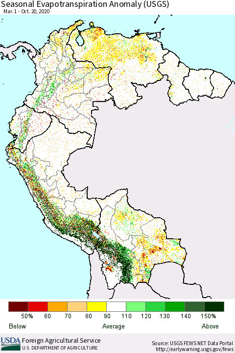 Northern South America Seasonal Actual Evapotranspiration Anomaly (USGS) Thematic Map For 5/1/2020 - 10/20/2020