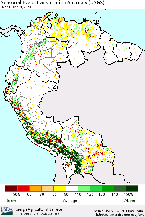 Northern South America Seasonal Actual Evapotranspiration Anomaly (USGS) Thematic Map For 5/1/2020 - 10/31/2020