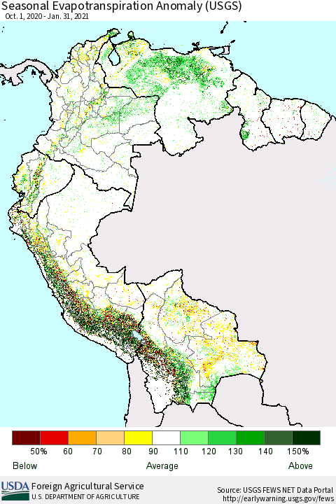 Northern South America Seasonal Actual Evapotranspiration Anomaly (USGS) Thematic Map For 11/1/2020 - 1/31/2021