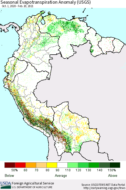 Northern South America Seasonal Actual Evapotranspiration Anomaly (USGS) Thematic Map For 11/1/2020 - 2/20/2021