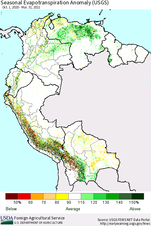 Northern South America Seasonal Actual Evapotranspiration Anomaly (USGS) Thematic Map For 11/1/2020 - 3/31/2021