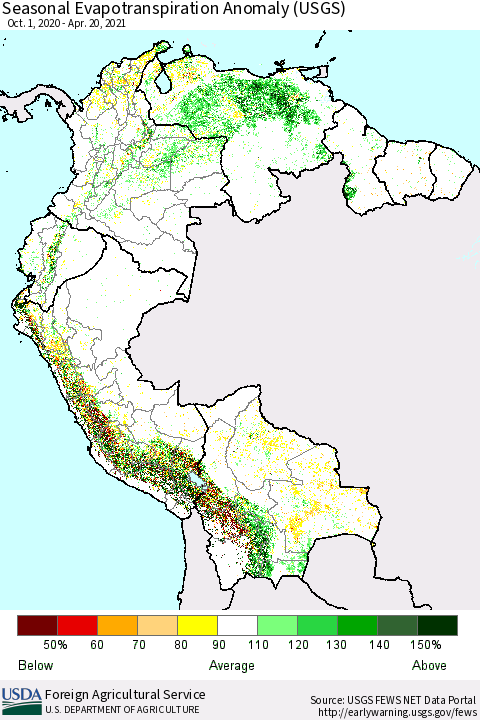 Northern South America Seasonal Evapotranspiration Anomaly (USGS) Thematic Map For 11/1/2020 - 4/20/2021