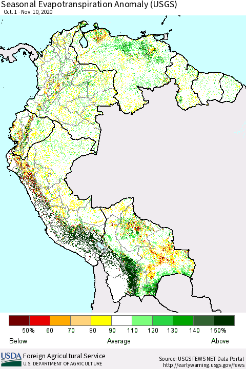 Northern South America Seasonal Actual Evapotranspiration Anomaly (USGS) Thematic Map For 11/1/2020 - 11/10/2020