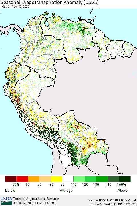 Northern South America Seasonal Actual Evapotranspiration Anomaly (USGS) Thematic Map For 11/1/2020 - 11/30/2020