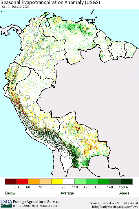 Northern South America Seasonal Actual Evapotranspiration Anomaly (USGS) Thematic Map For 11/1/2020 - 12/10/2020
