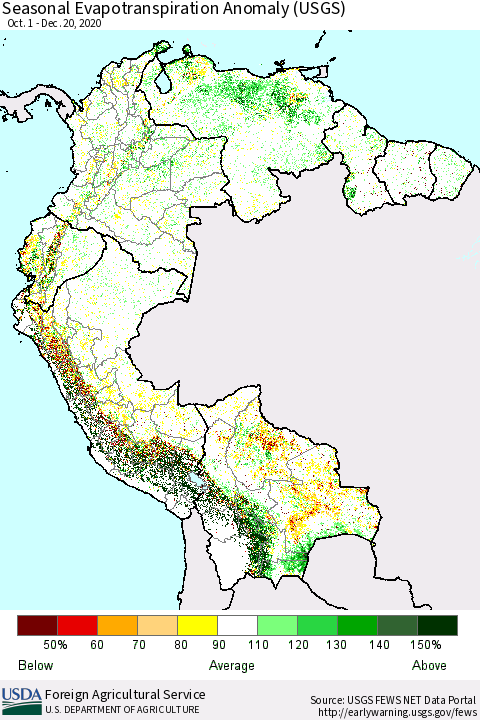 Northern South America Seasonal Evapotranspiration Anomaly (USGS) Thematic Map For 11/1/2020 - 12/20/2020
