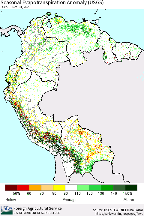 Northern South America Seasonal Actual Evapotranspiration Anomaly (USGS) Thematic Map For 11/1/2020 - 12/31/2020