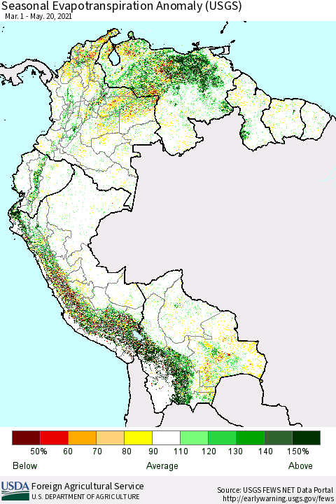 Northern South America Seasonal Actual Evapotranspiration Anomaly (USGS) Thematic Map For 5/1/2021 - 5/20/2021