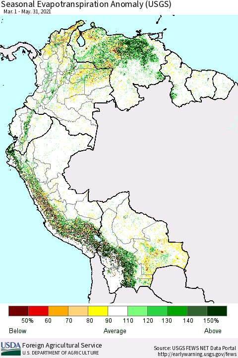 Northern South America Seasonal Actual Evapotranspiration Anomaly (USGS) Thematic Map For 5/1/2021 - 5/31/2021