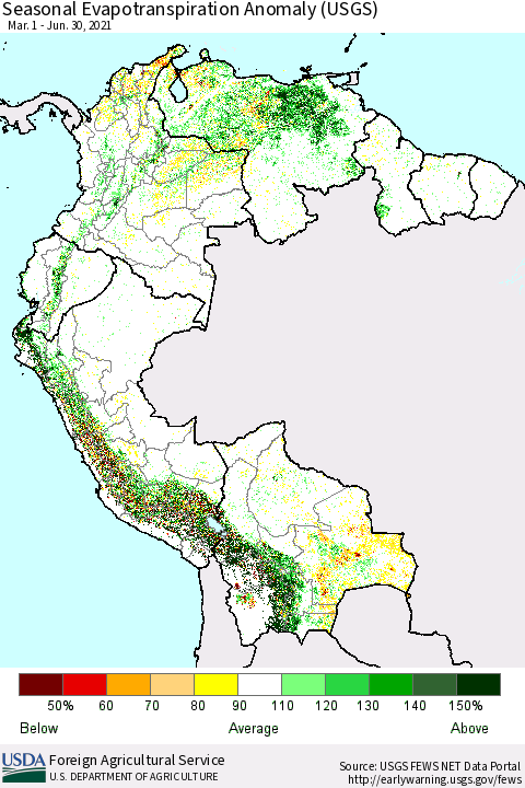Northern South America Seasonal Actual Evapotranspiration Anomaly (USGS) Thematic Map For 5/1/2021 - 6/30/2021