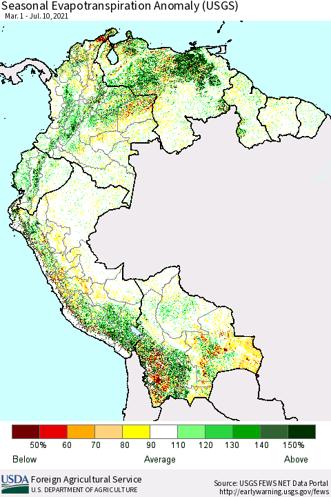 Northern South America Seasonal Actual Evapotranspiration Anomaly (USGS) Thematic Map For 5/1/2021 - 7/10/2021