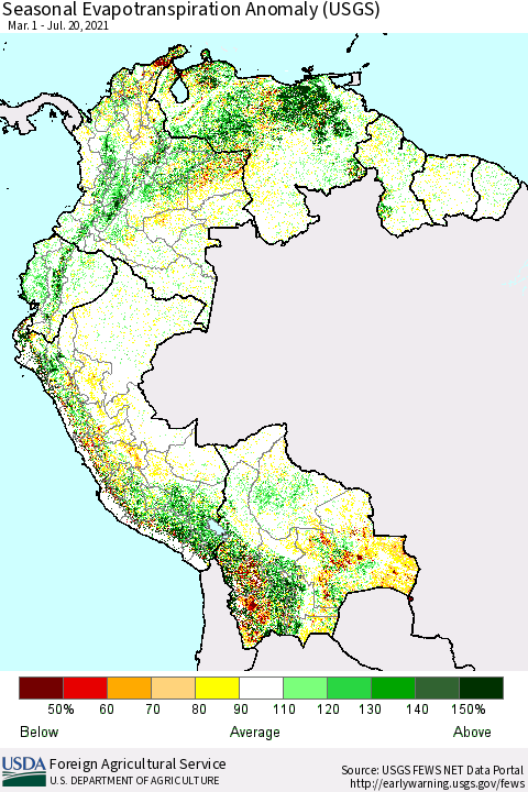 Northern South America Seasonal Actual Evapotranspiration Anomaly (USGS) Thematic Map For 5/1/2021 - 7/20/2021