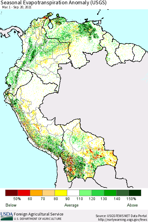 Northern South America Seasonal Actual Evapotranspiration Anomaly (USGS) Thematic Map For 5/1/2021 - 9/20/2021