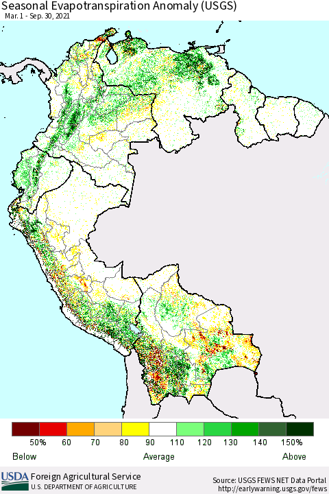 Northern South America Seasonal Actual Evapotranspiration Anomaly (USGS) Thematic Map For 5/1/2021 - 9/30/2021
