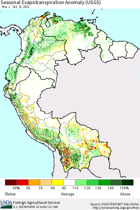 Northern South America Seasonal Actual Evapotranspiration Anomaly (USGS) Thematic Map For 5/1/2021 - 10/31/2021