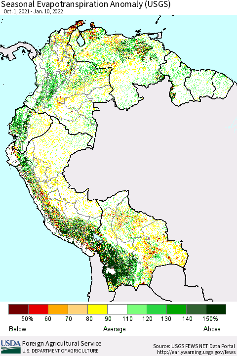 Northern South America Seasonal Actual Evapotranspiration Anomaly (USGS) Thematic Map For 11/1/2021 - 1/10/2022