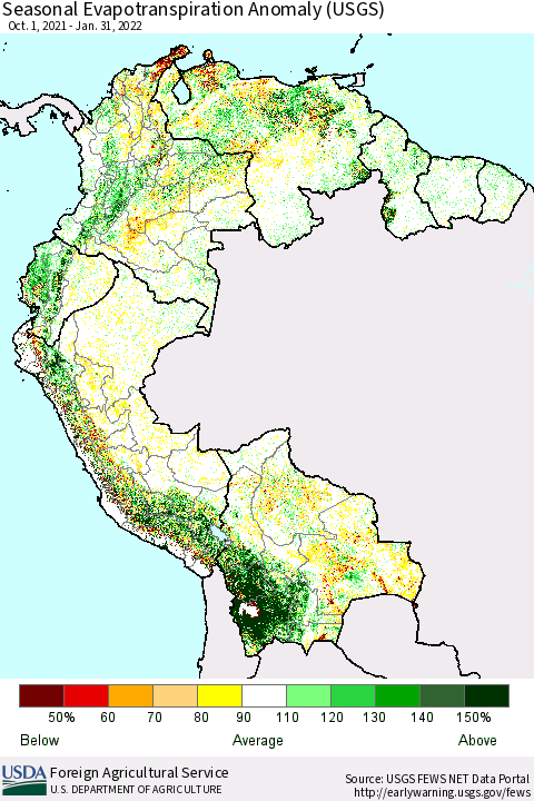 Northern South America Seasonal Actual Evapotranspiration Anomaly (USGS) Thematic Map For 11/1/2021 - 1/31/2022