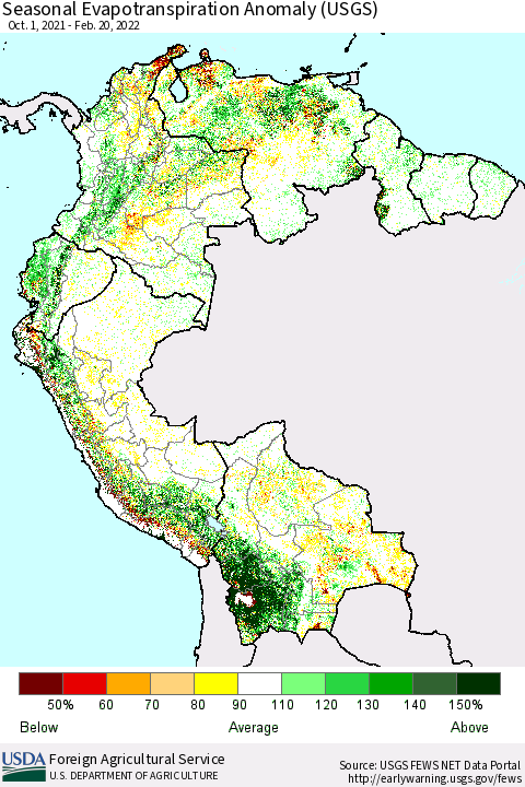 Northern South America Seasonal Actual Evapotranspiration Anomaly (USGS) Thematic Map For 11/1/2021 - 2/20/2022