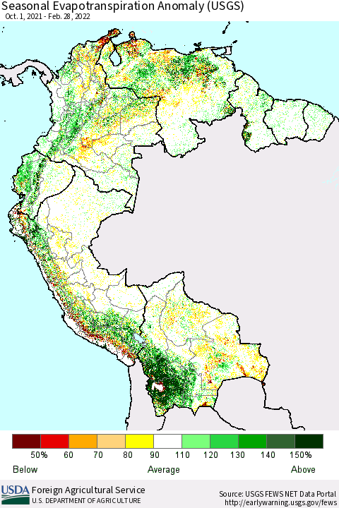 Northern South America Seasonal Actual Evapotranspiration Anomaly (USGS) Thematic Map For 11/1/2021 - 2/28/2022