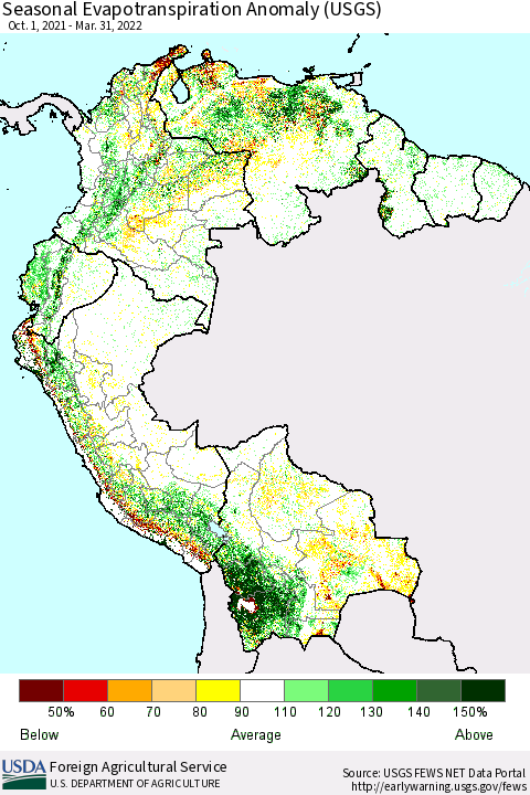 Northern South America Seasonal Actual Evapotranspiration Anomaly (USGS) Thematic Map For 11/1/2021 - 3/31/2022