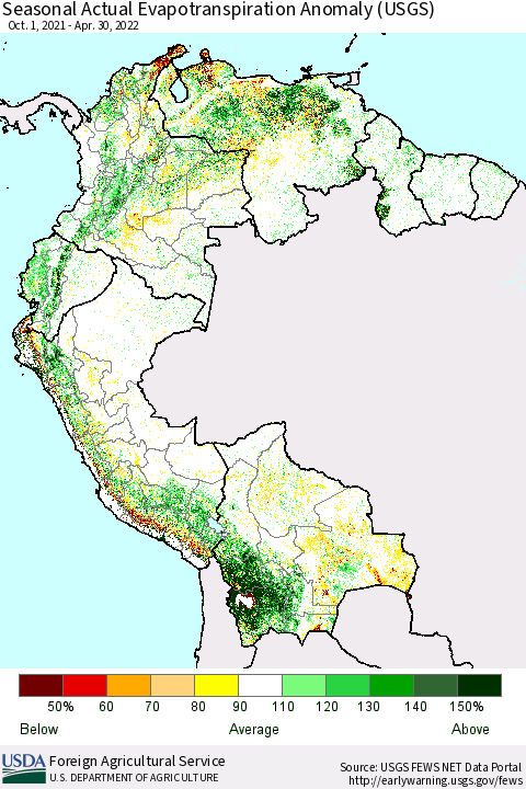 Northern South America Seasonal Actual Evapotranspiration Anomaly (USGS) Thematic Map For 11/1/2021 - 4/30/2022