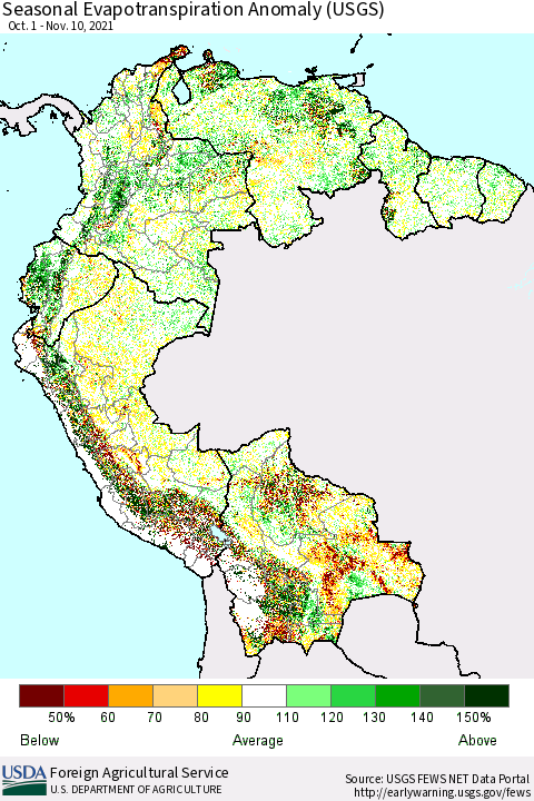 Northern South America Seasonal Actual Evapotranspiration Anomaly (USGS) Thematic Map For 11/1/2021 - 11/10/2021