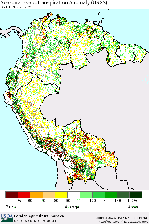Northern South America Seasonal Actual Evapotranspiration Anomaly (USGS) Thematic Map For 11/1/2021 - 11/20/2021