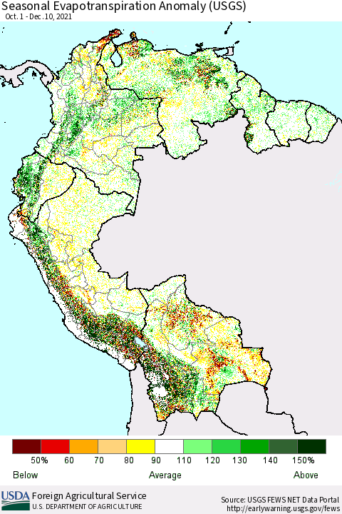 Northern South America Seasonal Actual Evapotranspiration Anomaly (USGS) Thematic Map For 11/1/2021 - 12/10/2021