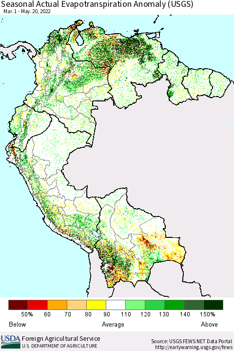 Northern South America Seasonal Actual Evapotranspiration Anomaly (USGS) Thematic Map For 5/1/2022 - 5/20/2022