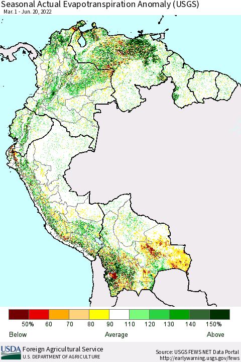 Northern South America Seasonal Actual Evapotranspiration Anomaly (USGS) Thematic Map For 5/1/2022 - 6/20/2022