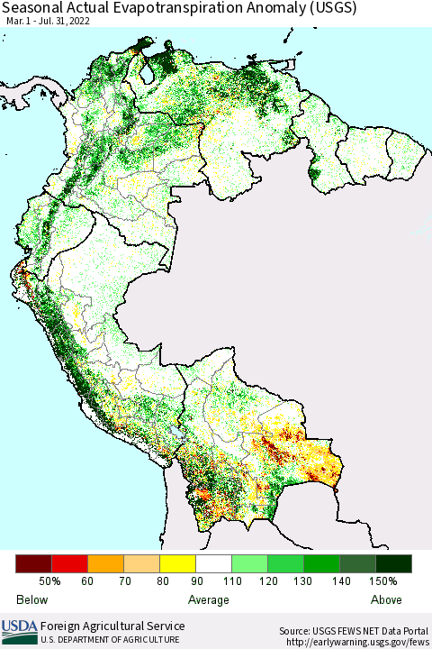 Northern South America Seasonal Actual Evapotranspiration Anomaly (USGS) Thematic Map For 5/1/2022 - 7/31/2022